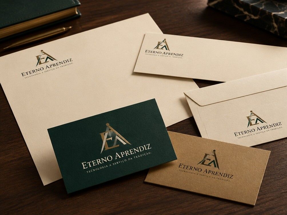 Papel timbrado, envelopes e cartões do Eterno Aprendiz, com o símbolo em hot stamping bronze