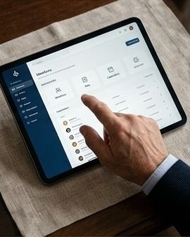 Mão tocando o tablet com a lista de membros da Loja