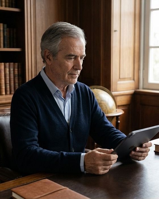 Irmão consultando a plataforma no tablet, em uma biblioteca