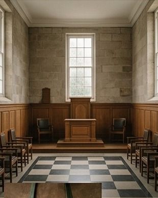 Interior de um templo, com o piso em xadrez e as cadeiras das Colunas